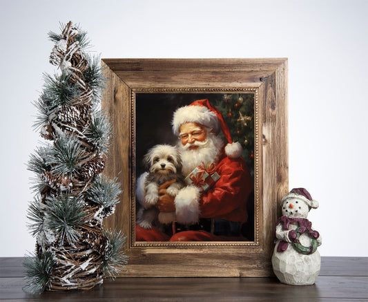 Santa Claus Is Holding A Havanese Dog Puppy Poster, Christmas Santa Claus Art, Xmas Decor Poster, Vintage Xmas Holiday Art Print