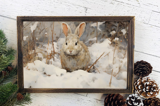 Winer Rabbit Poster, Christmas On A Snowy Day Art, Xmas Decor Poster, Vintage Xmas Holiday Art Print