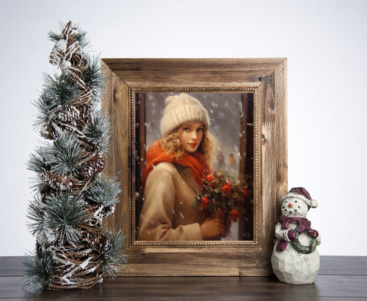 Woman Christmas Poster, Christmas Snowman Art, Xmas Decor Poster, Vintage Xmas Holiday Art Print