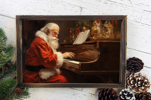 Santa Playing Piano Christmas Poster, Christmas Snowman Art, Xmas Decor Poster, Vintage Xmas Holiday Art Print