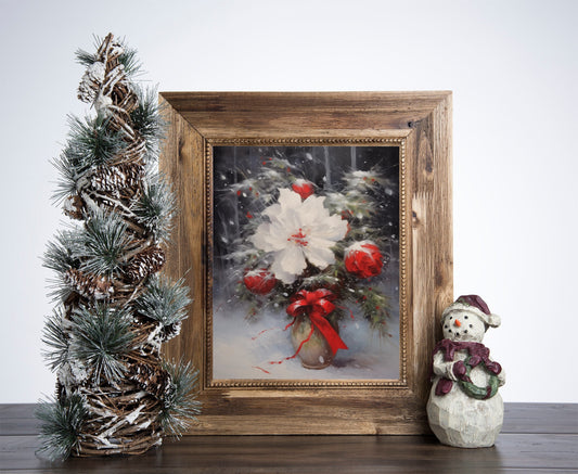 Christmas Flower Poster, Christmas Snowman Art, Xmas Decor Poster, Vintage Xmas Holiday Art Print