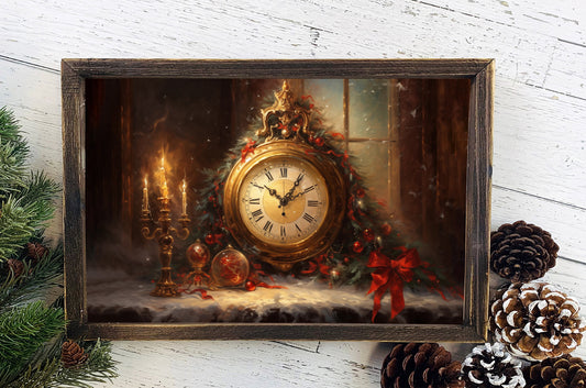 Christmas Clock Poster, Christmas Snowman Art, Xmas Decor Poster, Vintage Xmas Holiday Art Print