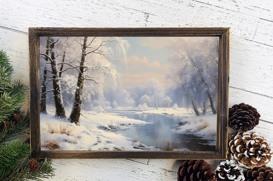 Winter Landscape Snow Rustic Winter Poster, Christmas Art, Xmas Decor Poster, Vintage Xmas Holiday Art Print