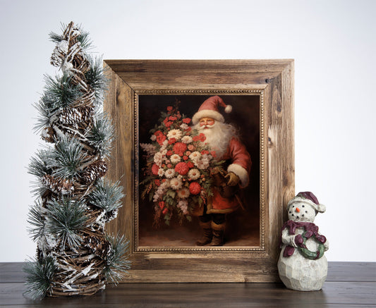 Santa Claus Holding A Bouquet Of Flowers Poster, Christmas Snowman Art, Xmas Decor Poster, Vintage Xmas Holiday Art Print SS02