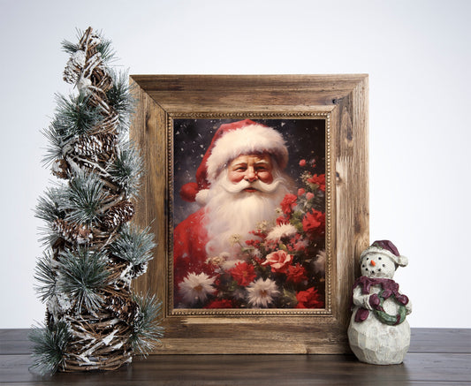 Santa Claus Portrait In Flowers Poster, Christmas Snowman Art, Xmas Decor Poster, Vintage Xmas Holiday Art Print SS02