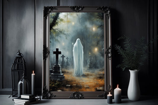 Ghost Standing In Graveyard Poster, Dark Romantic Trick or Treat Creepy, Horror Spooky Cute, Wall Art Halloween Poster