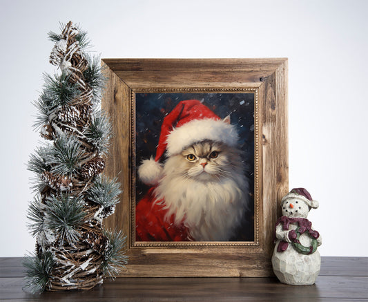 Santa Claus Persian Cat Poster, Christmas Cat Art, Xmas Decor Poster, Vintage Xmas Holiday Art Print