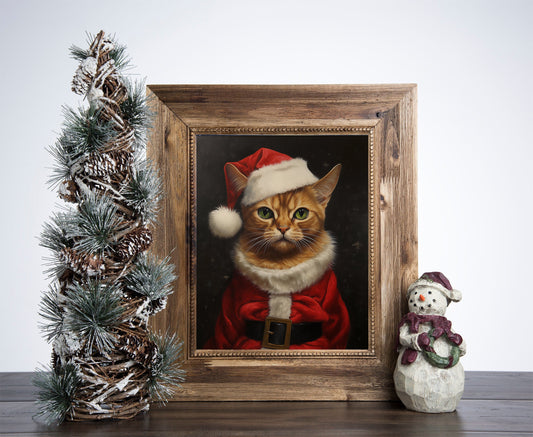 Santa Claus Abyssinian Cat Poster, Christmas Cat Art, Xmas Decor Poster, Vintage Xmas Holiday Art Print