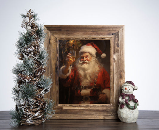 Santa Claus Drinking Wine Christmas Poster, Christmas Santa Portrait Art, Xmas Decor Poster, Vintage Xmas Holiday Art Print