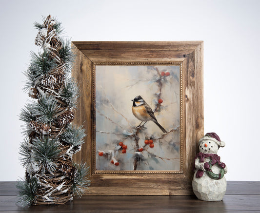 Christmas Tree Bird Poster, Christmas On A Snowy Day Art, Xmas Decor Poster, Vintage Xmas Holiday Art Print