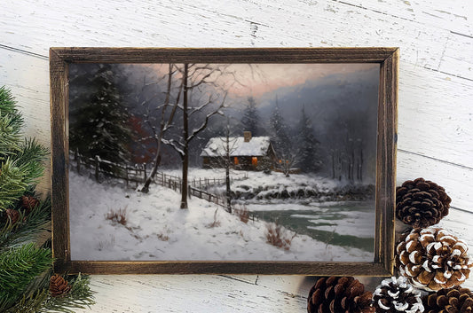 Winter Cabin Rustic  Poster, Christmas On A Snowy Day Art, Xmas Decor Poster, Vintage Xmas Holiday Art Print