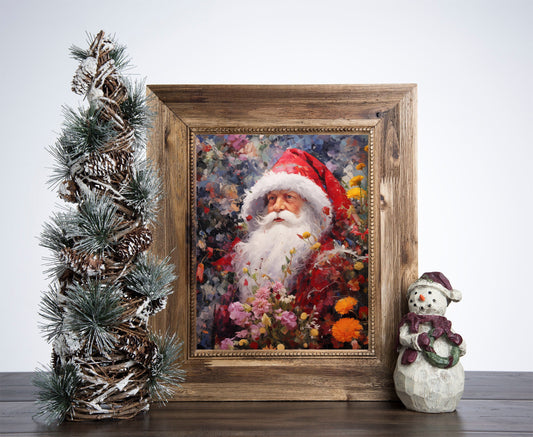 Santa Claus flower Christmas Poster, Christmas Santa Portrait Art, Xmas Decor Poster, Vintage Xmas Holiday Art Print