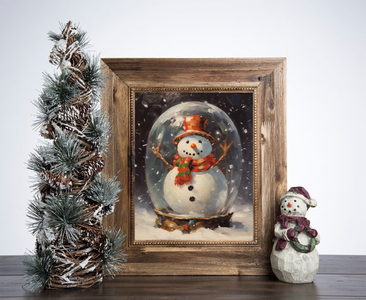 Snowman Snowglobe Christmas Poster, Christmas On A Snowy Day Art, Xmas Decor Poster, Vintage Xmas Holiday Art Print