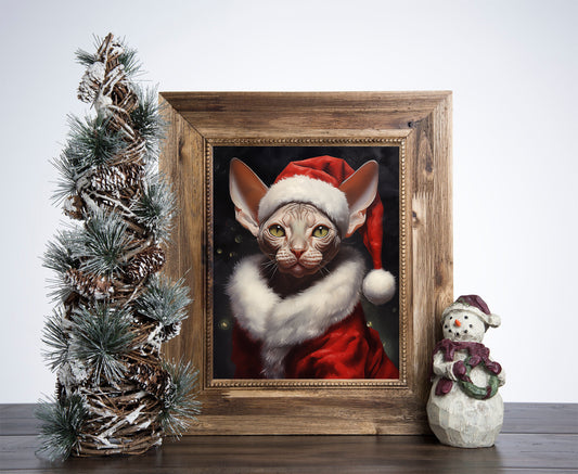 Santa Claus Sphynx Cat Poster, Christmas Cat Art, Xmas Decor Poster, Vintage Xmas Holiday Art Print