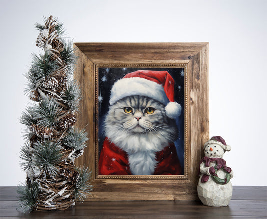 Santa Claus Scottish Fold Cat Poster, Christmas Cat Art, Xmas Decor Poster, Vintage Xmas Holiday Art Print