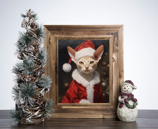 Santa Claus Devon Rex Cat Poster, Christmas Cat Art, Xmas Decor Poster, Vintage Xmas Holiday Art Print SS02