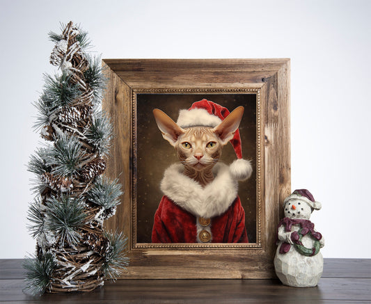 Santa Claus Devon Rex Cat Poster, Christmas Cat Art, Xmas Decor Poster, Vintage Xmas Holiday Art Print