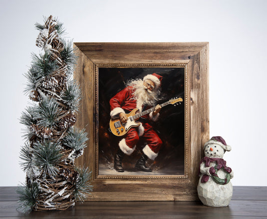 Santa Claus Playing Guitar Christmas Poster, Christmas Santa Portrait Art, Xmas Decor Poster, Vintage Xmas Holiday Art Print