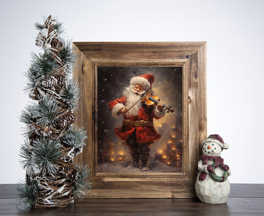 Santa Claus Playing Violin Christmas Poster, Christmas Santa Portrait Art, Xmas Decor Poster, Vintage Xmas Holiday Art Print