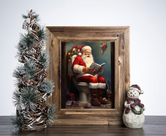 Santa Claus On Toilet Christmas Poster, Christmas Santa Portrait Art, Xmas Decor Poster, Vintage Xmas Holiday Art Print