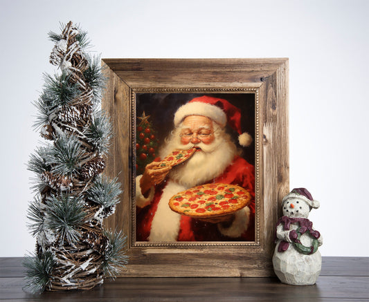 Santa Is Eating Pizza Christmas Poster, Christmas Santa Portrait Art, Xmas Decor Poster, Vintage Xmas Holiday Art Print