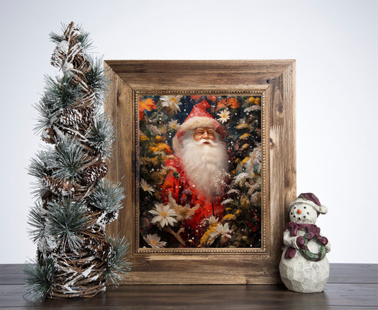 Santa Claus flower Christmas Poster, Christmas Santa Portrait Art, Xmas Decor Poster, Vintage Xmas Holiday Art Print SS02