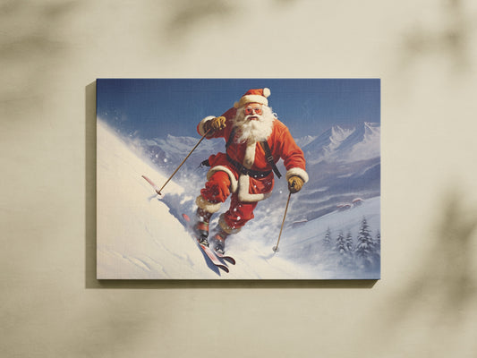 Ski Santa Christmas Poster, Christmas Santa Portrait Art, Xmas Decor Poster, Vintage Xmas Holiday Art Print